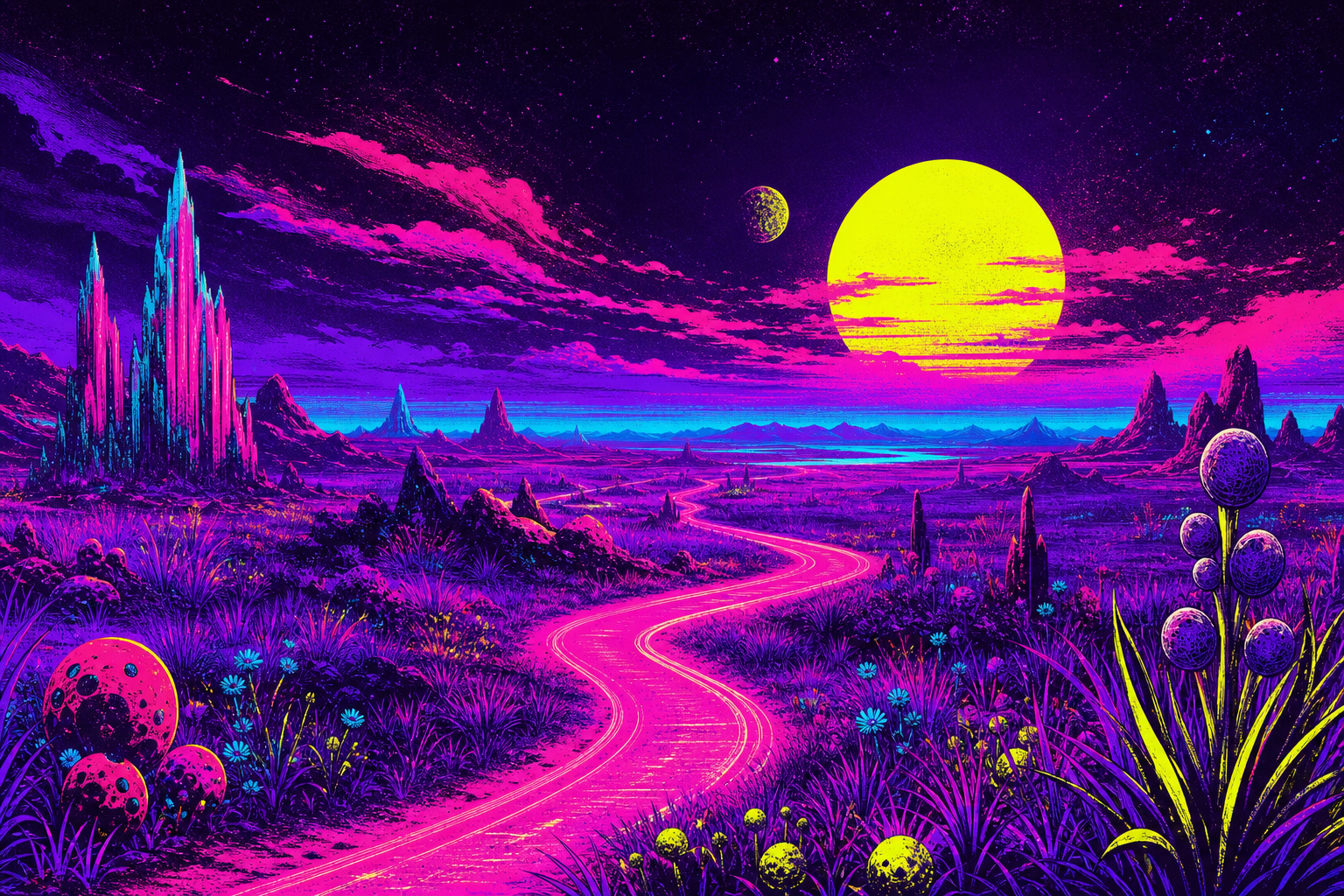 Ultraviolet grasslands under a neon sky